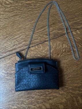 GUESS Black Logo-Embossed Crossbody with Silver Chain